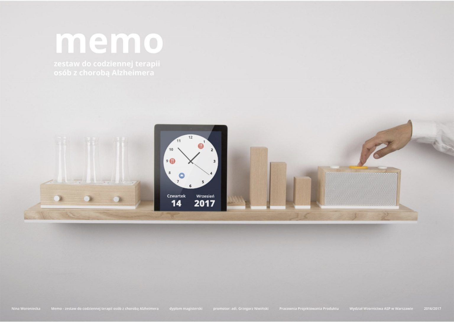 Memo – zestaw do codziennej terapii osób z chorobą Alzheimera. Nina Woroniecka – dyplom magisterski. Promotor: dr hab. Grzegorz Niwiński, prof. ASP