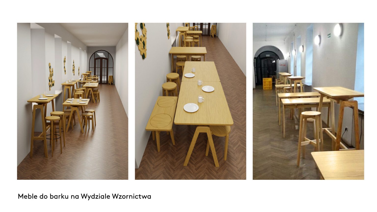 Projekt mebli i aranżacja bufetu Wydziału Wzornictwa. Kasia Brągiel, Pierre Fournier, Monika Gościniak, Karolina Kabała, Staszek Kamionka, Łukasz Kościesza, Joanna Kośko, Natalia Kozieł, Klaudia Murgrabia. Eksperymentalna Pracownia Drewna, prowadzący: Paweł Jasiewicz