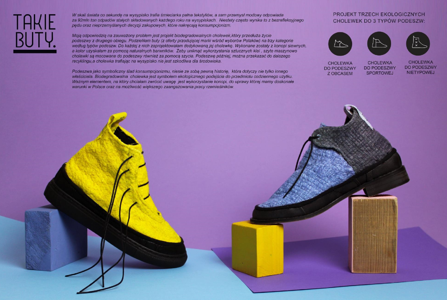 Shoes made of used soles and biodegradable fabric.  Kamila Cembor, 2020