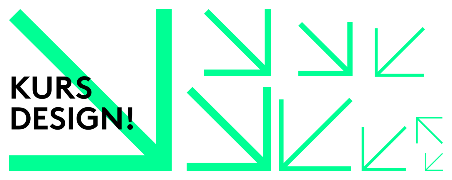Minimalistyczna grafika. Na białym tle różnej wielkości zielone strzałki. Po lewej czarny napis KURS DESIGN!