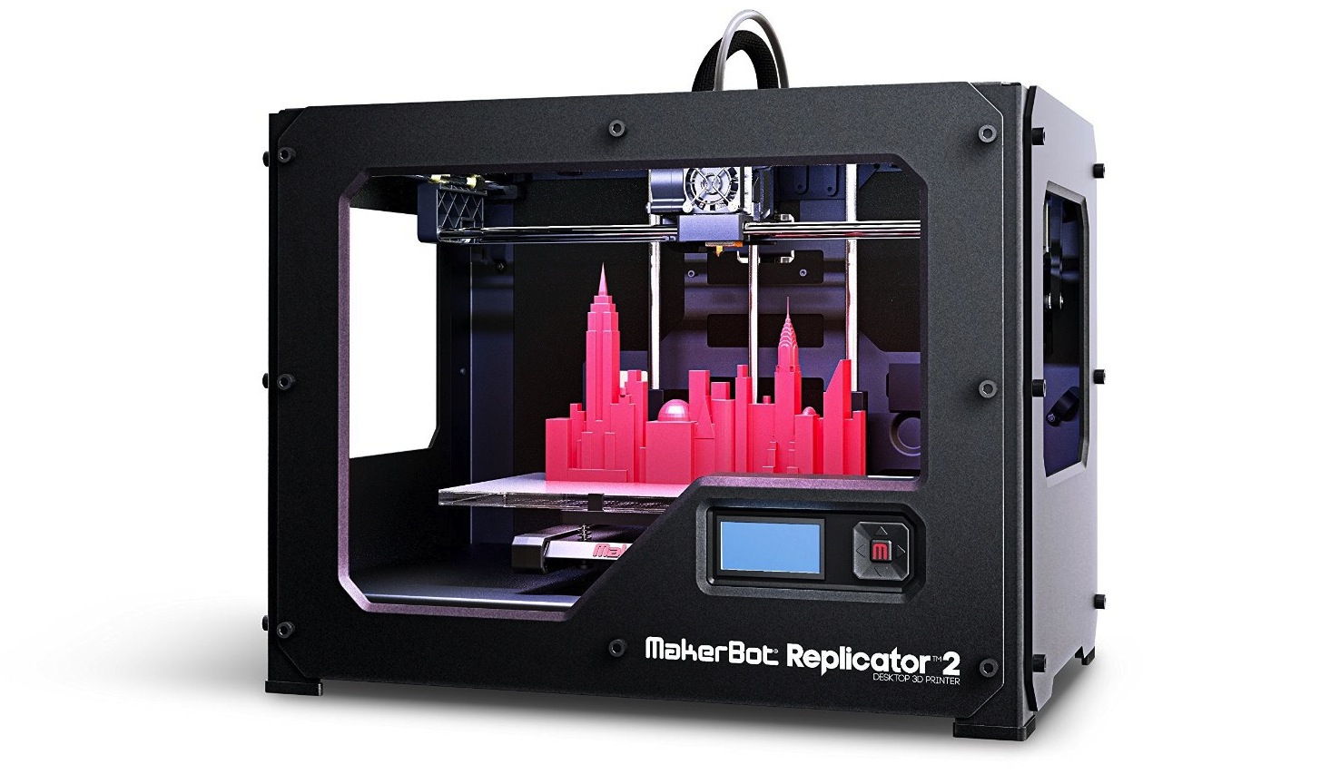 Drukarka 3D MakerBot Replicator 2 Desktop z modelem miasta w trakcie drukowania i ekranem sterującym