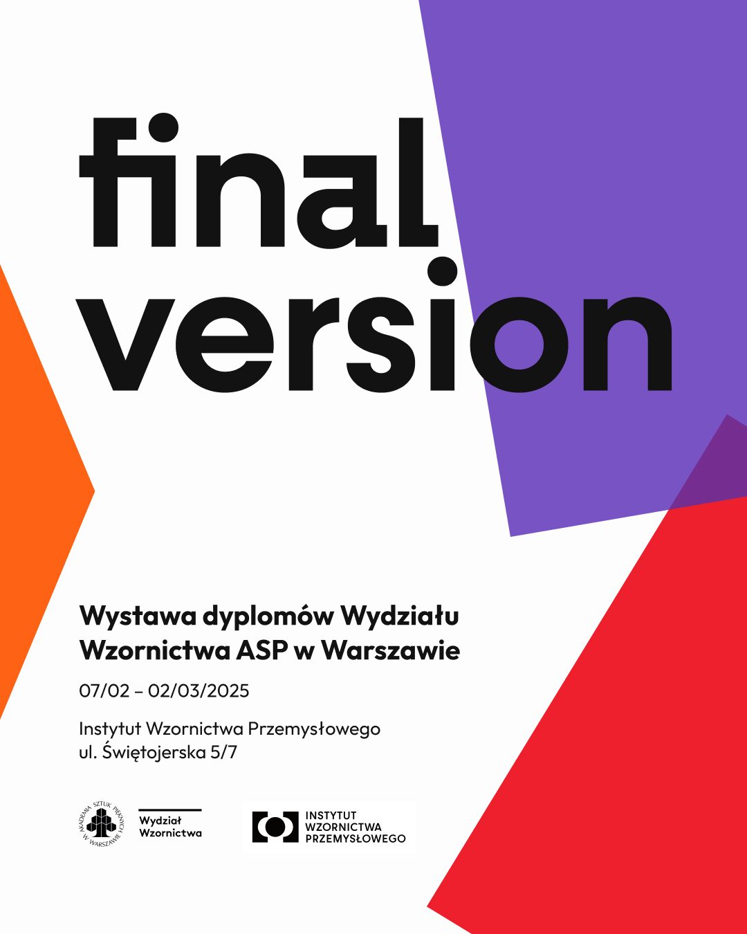 Grafika. Na białym tle trzy kształty: pomarańczowy, fioletowy i czerwony. Pośrodku czarne napisy informacyjne.