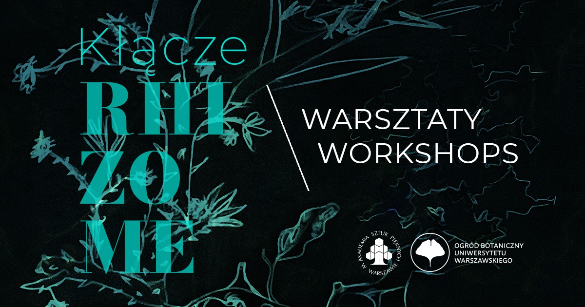 Grafika. Czarne tło z płynnymi turkusowymi zarysami roślin. Białe i turkusowe napisy informacyjne.