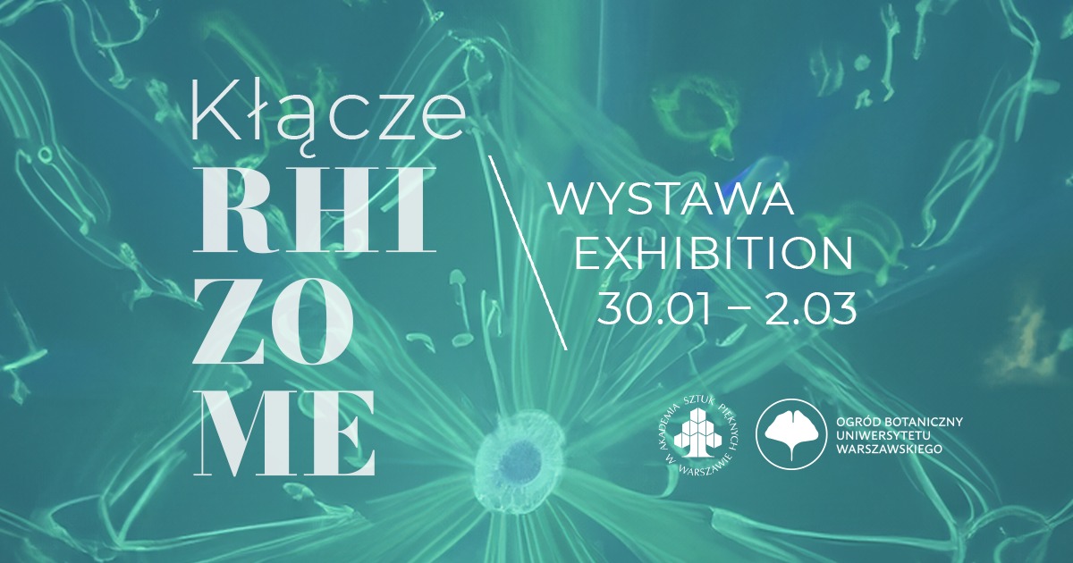 Grafika. Turkusowe tło z płynnymi zarysami roślin. Białe napisy informacyjne.