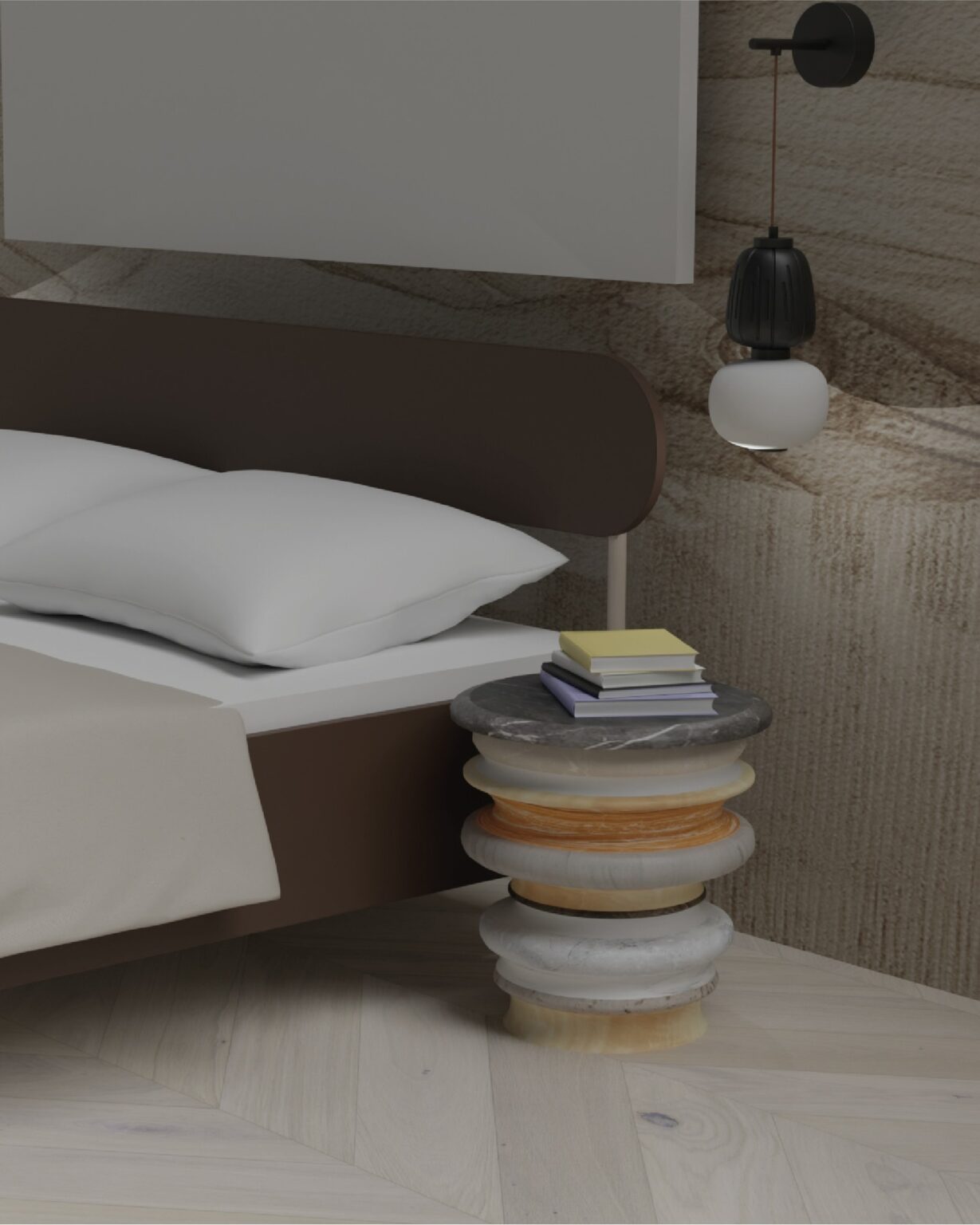 marmurowy stolik nocny w sypialni, autorstwa Marii Jaworskiej i Karoliny Kubali