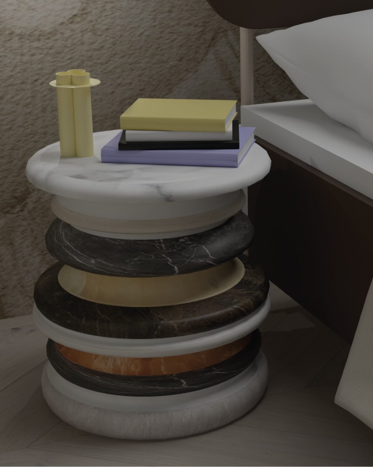 marmurowy stolik nocny w sypialni, autorstwa Marii Jaworskiej i Karoliny Kubali