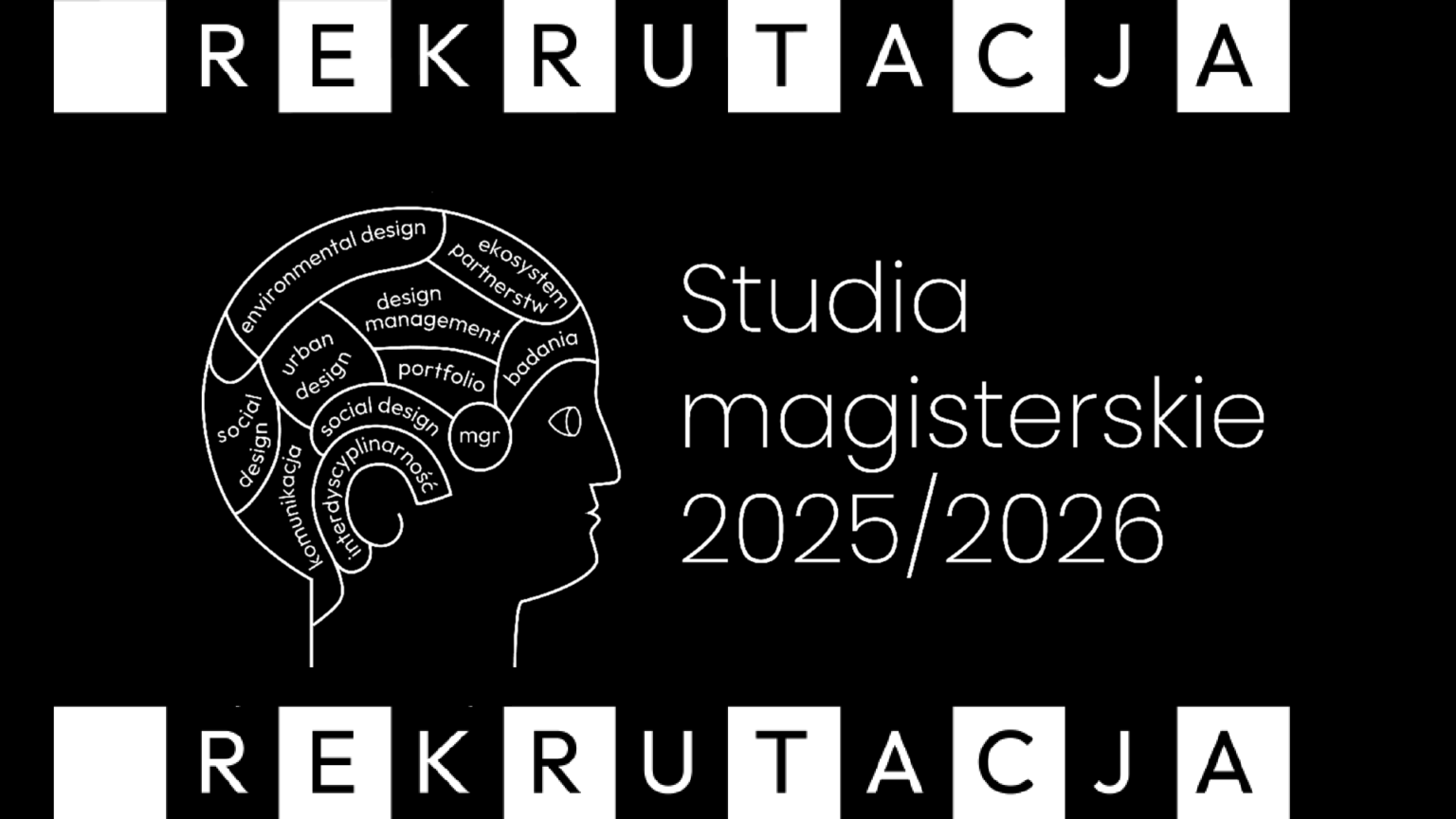 Czarno-biała grafika informująca o rekrutacji. Na czarnym tle po lewej rysunkowa prosta twarz z profilu.