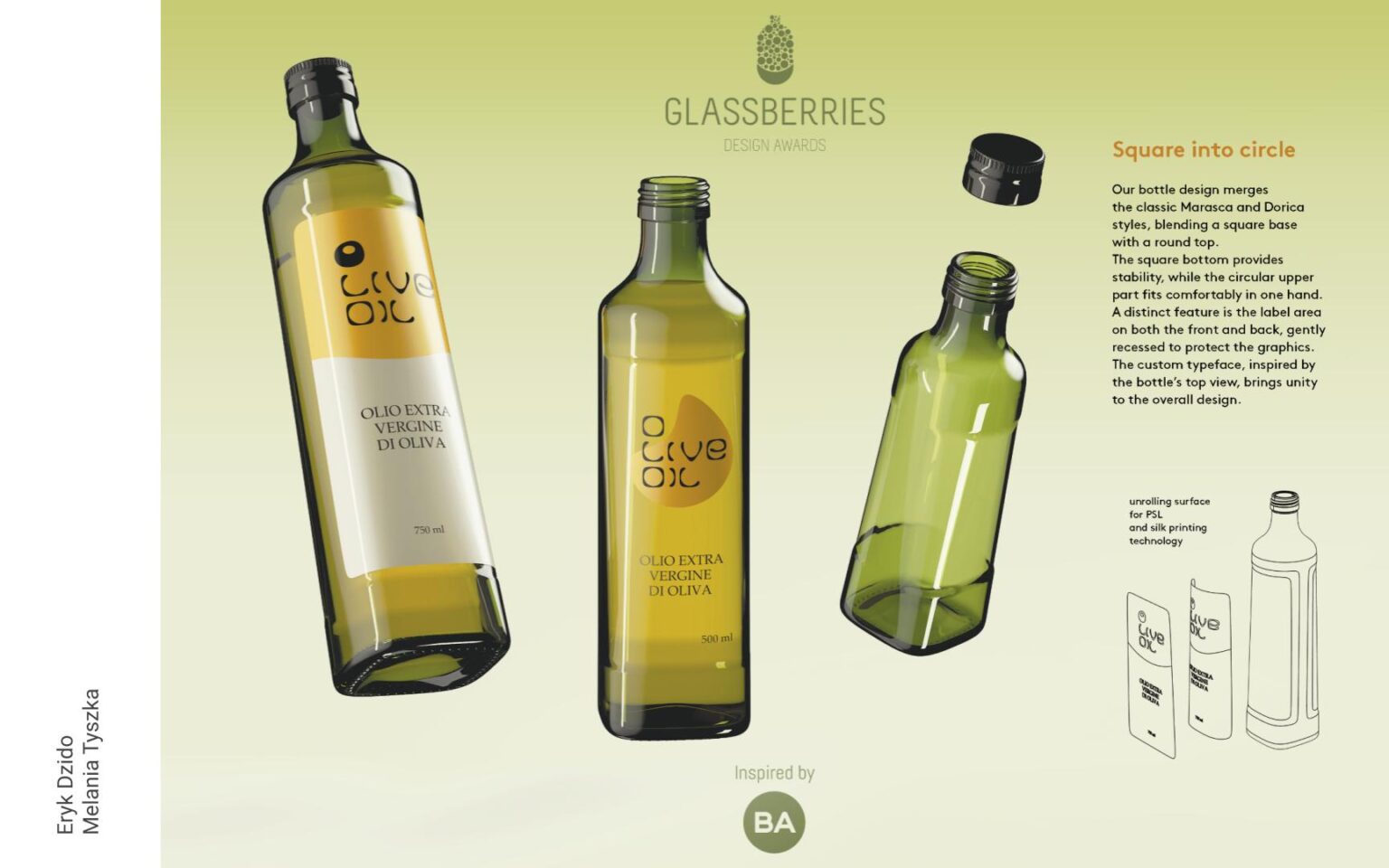 Grafika przedstawiająca studenckie projekty szklanych butelek na oliwę o pojemności. Butelki w kolorze zielonym o pojemności 250ml, 500ml i 750ml