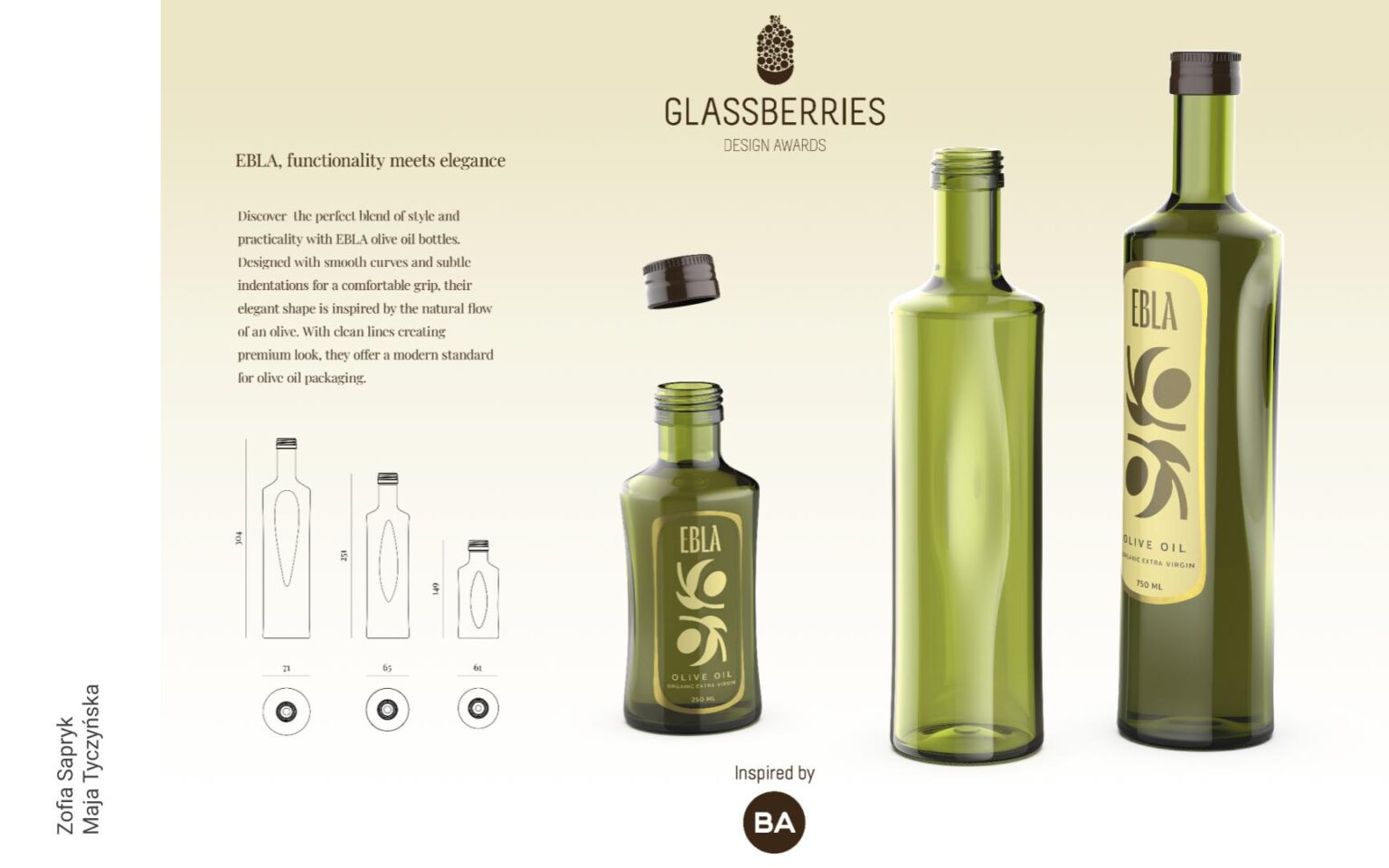 Grafika przedstawiająca studenckie projekty szklanych butelek na oliwę o pojemności. Butelki w kolorze zielonym o pojemności 250ml, 500ml i 750ml