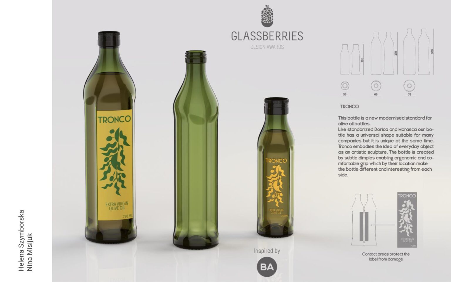 Grafika przedstawiająca studenckie projekty szklanych butelek na oliwę o pojemności. Butelki w kolorze zielonym o pojemności 250ml, 500ml i 750ml