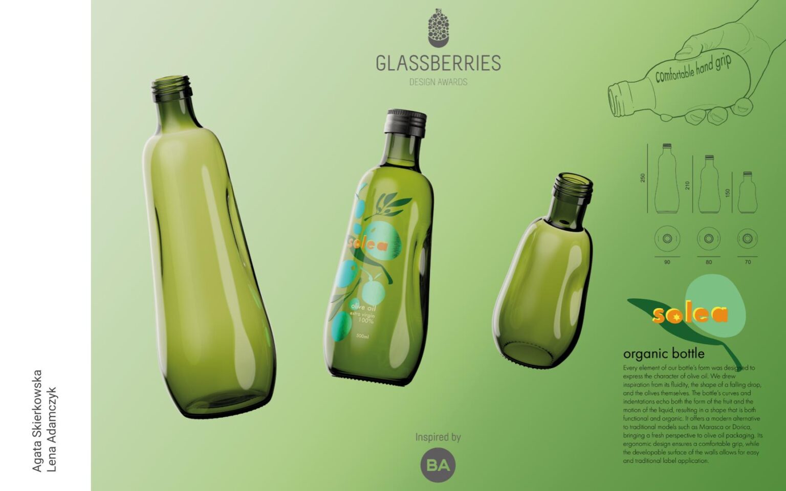 Grafika przedstawiająca studenckie projekty szklanych butelek na oliwę o pojemności. Butelki w kolorze zielonym o pojemności 250ml, 500ml i 750ml