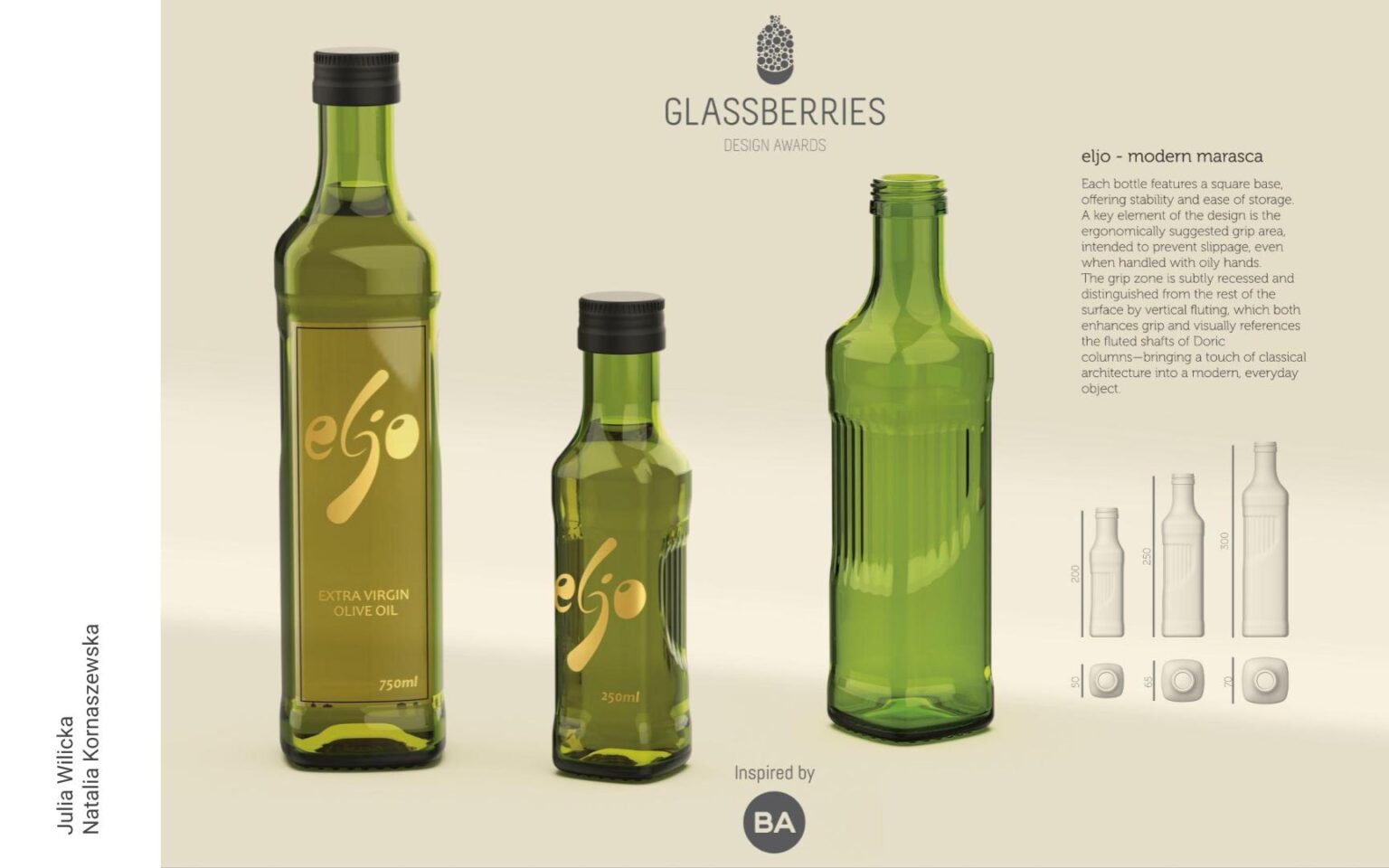 Grafika przedstawiająca studenckie projekty szklanych butelek na oliwę o pojemności. Butelki w kolorze zielonym o pojemności 250ml, 500ml i 750ml