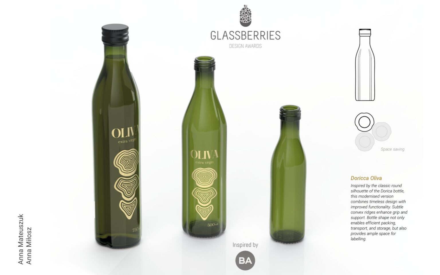 Grafika przedstawiająca studenckie projekty szklanych butelek na oliwę o pojemności. Butelki w kolorze zielonym o pojemności 250ml, 500ml i 750ml