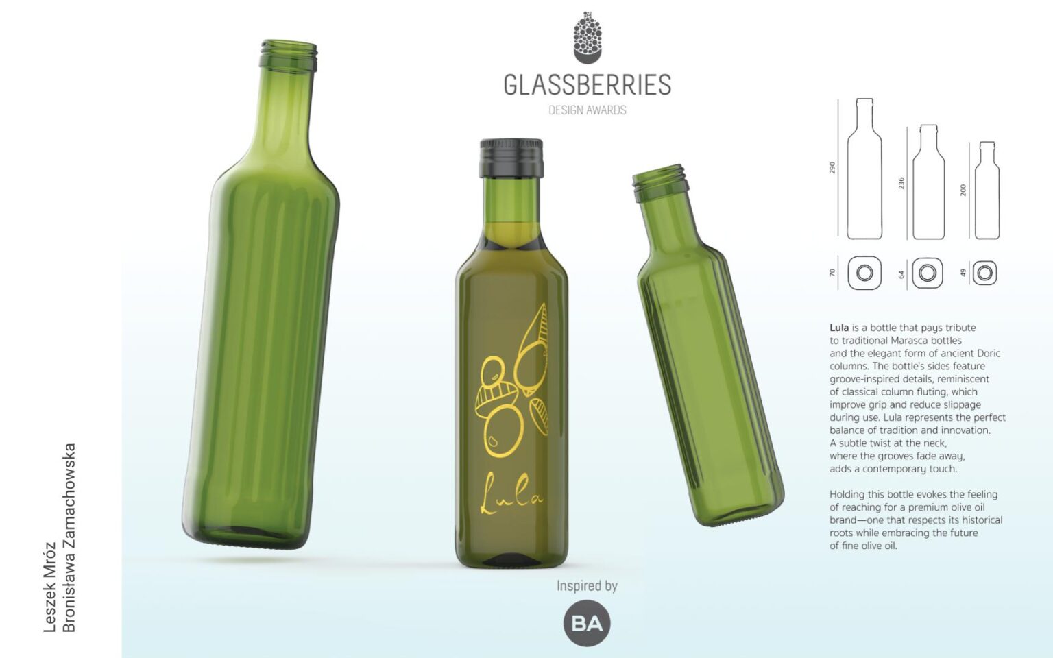 Grafika przedstawiająca studenckie projekty szklanych butelek na oliwę o pojemności. Butelki w kolorze zielonym o pojemności 250ml, 500ml i 750ml