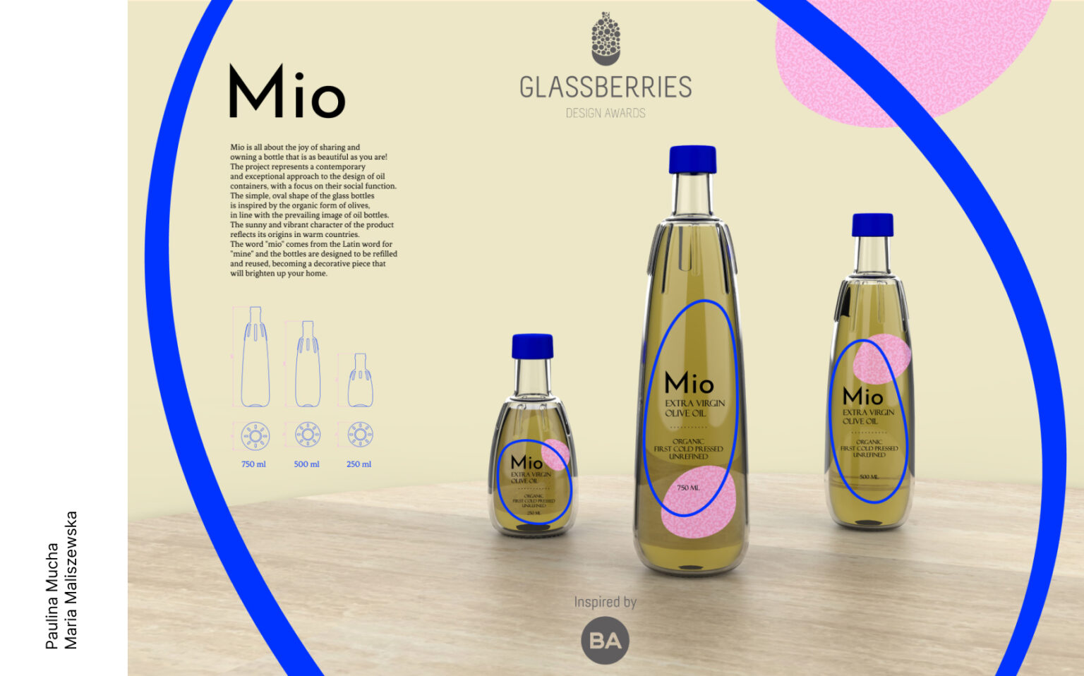 Grafika przedstawiająca studenckie projekty szklanych butelek na oliwę o pojemności. Butelki w kolorze zielonym o pojemności 250ml, 500ml i 750ml