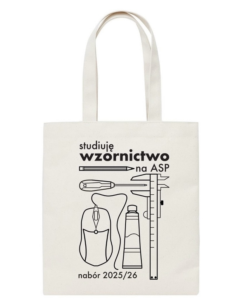 Torba wydziałowa dla naboru 2025/2026 z napisem: Studiuję Wzornictwo. Autor projektu nadruku: Julia Szala
