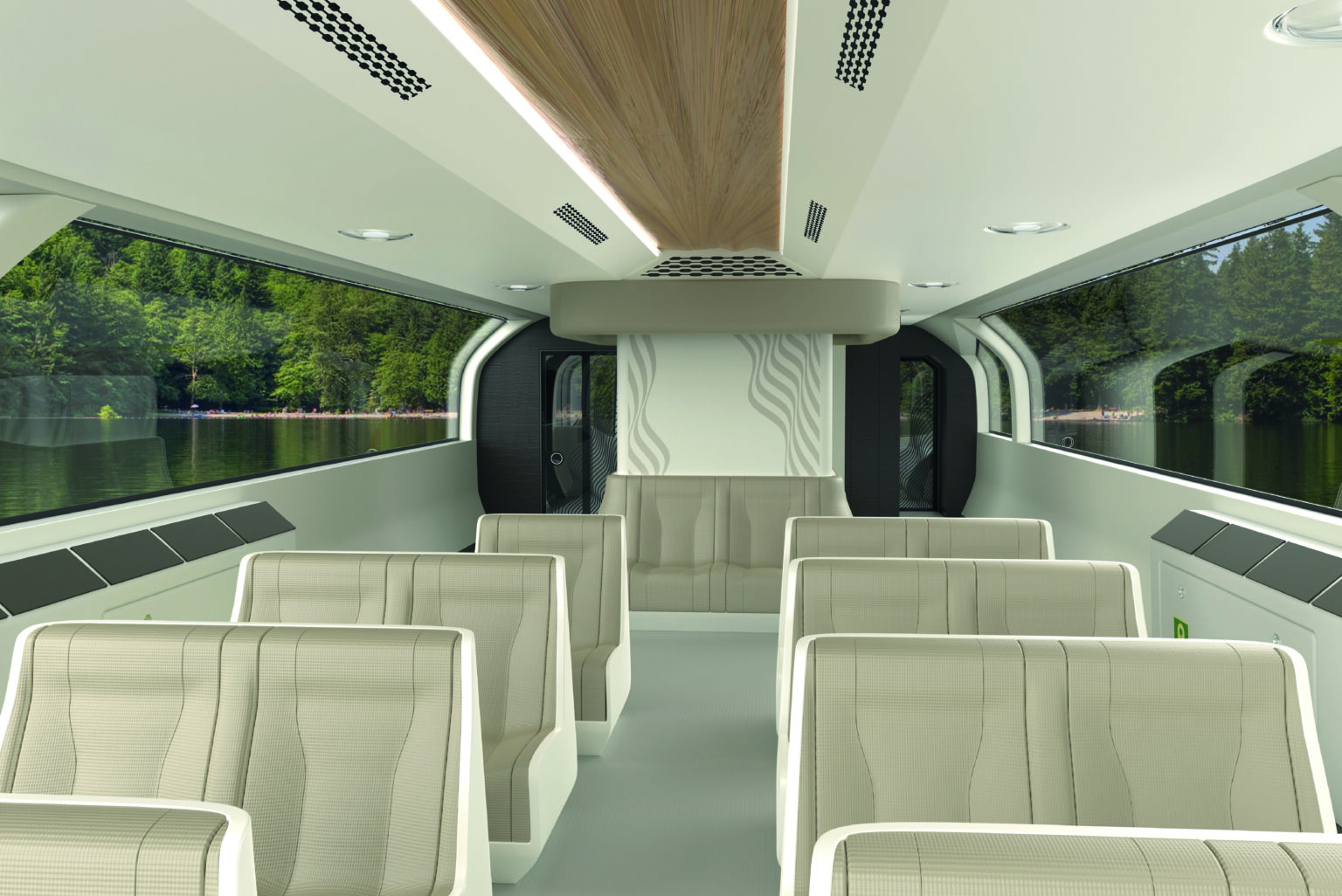 Łucja Paszkowska, „Ekologiczna pasażerska jednostka śródlądowa”, dyplom licencjacki, 2025 (wnętrze)