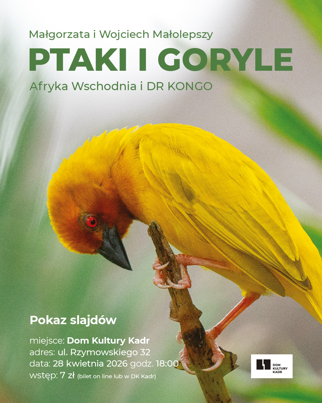Plakat przedstawiający ptaka i zapraszający na pokaz slajdów Małgorzaty i Wojciecha Małolepszy
