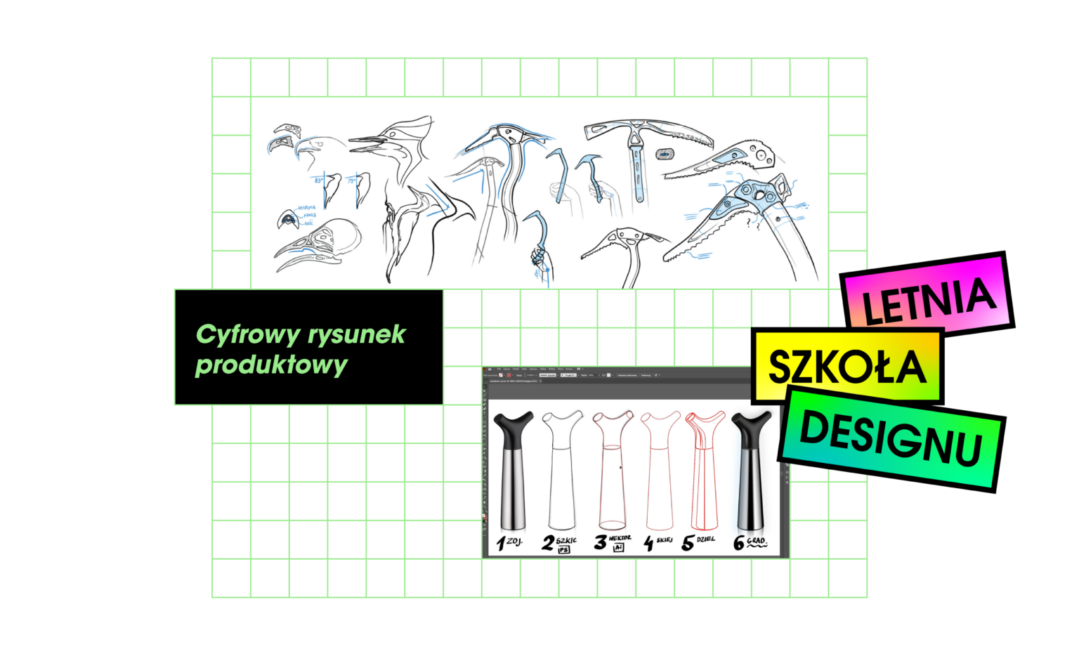 Grafika z rysunkami wizualizującymi produkty przemysłowe, reklamująca kurs "Cyfrowy rysunek produktowy" w ramach Letniej Szkoły Designu 2026