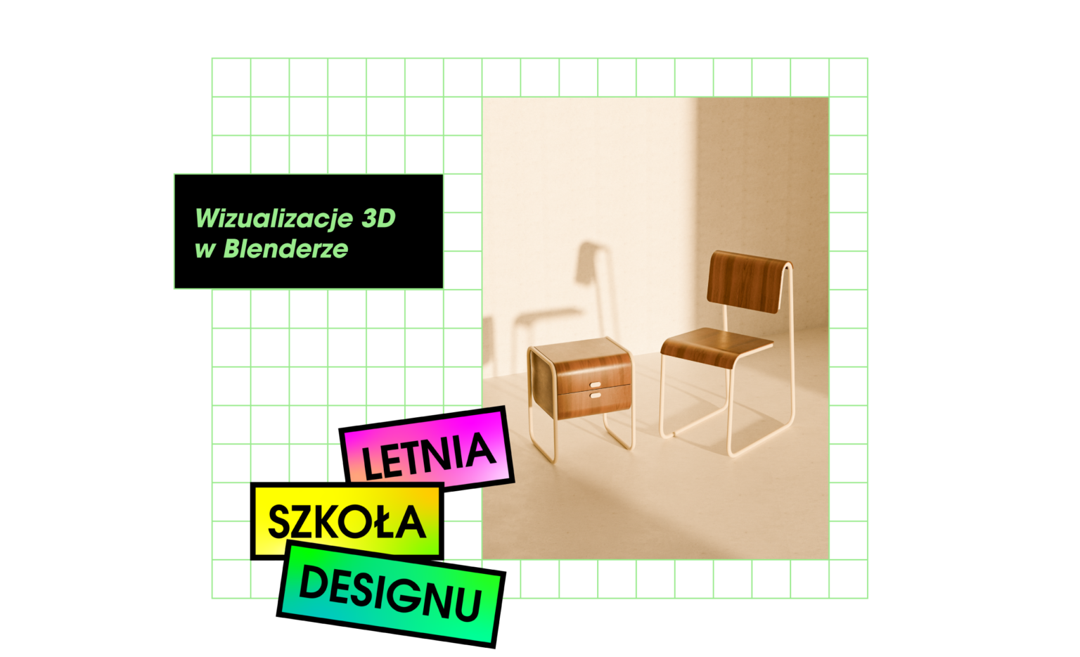 Grafika z renderingiem modelu 3D stworzonym w programie Blender, reklamująca kurs "Wizualizacje 3D w Blenderze" w ramach Letniej Szkoły Designu 2026