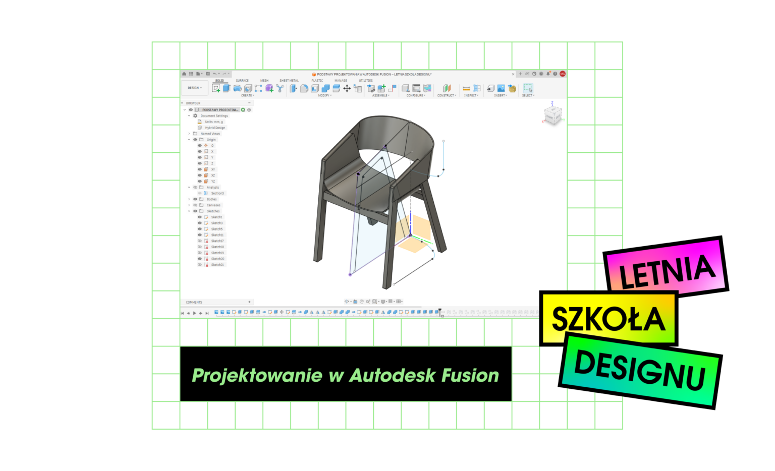 Grafika z wizualizacją modelu stworzonego w programie Autodesk Fusion, reklamująca kurs "Projektowanie w Autodesk Fusion" w ramach Letniej Szkoły Designu 2026
