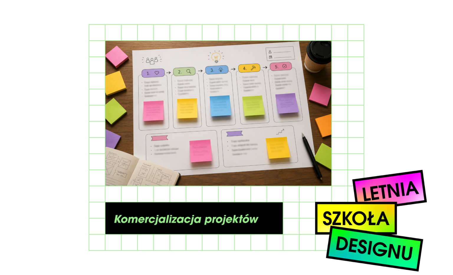 Grafika z wizualizacją warsztatowej canvy z modelem biznesowym, reklamująca kurs "Komercjalizacja projektów" w ramach Letniej Szkoły Designu 2026