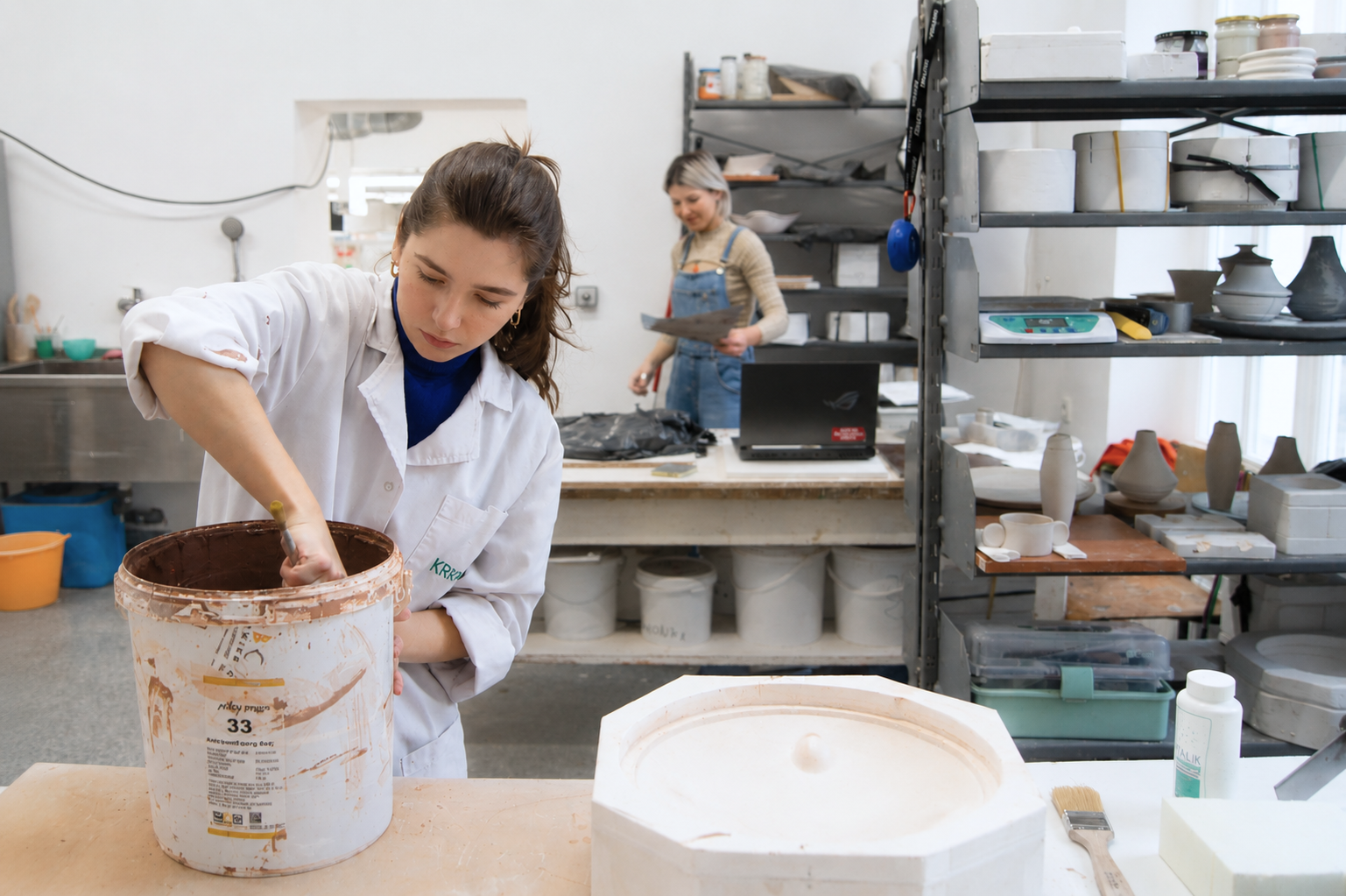 Zdjęcie przedstawiające dwie młode kobiety pracujące w warsztacie ceramicznym Wydziału Wzornictwa ASP w Warszawie