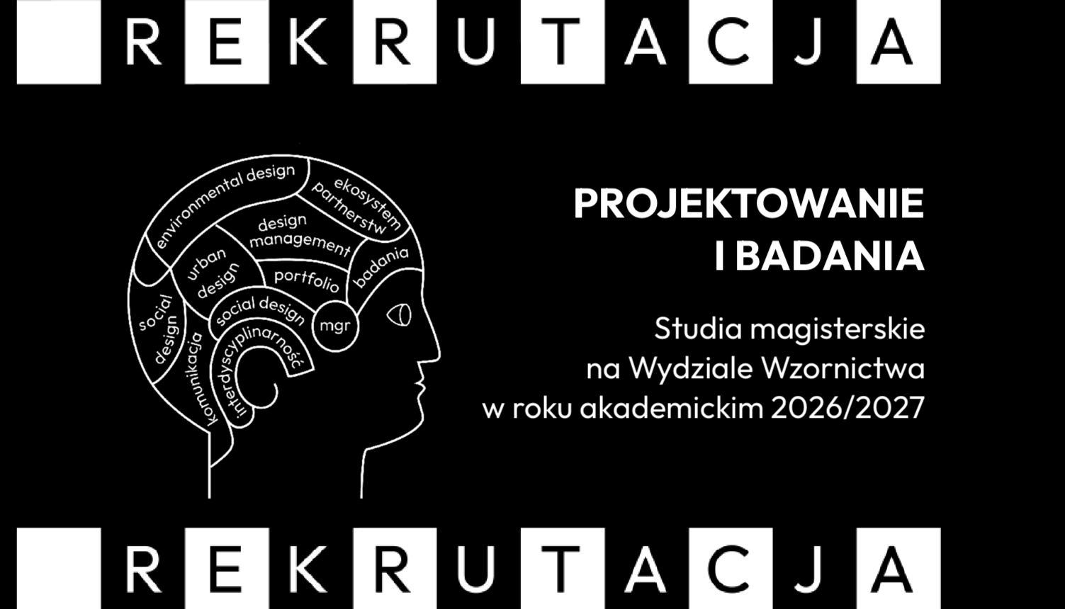 czarno-biała grafika o rekrutacji na studia magisterskie Projektowanie i badania w roku akademickim 2026/2027